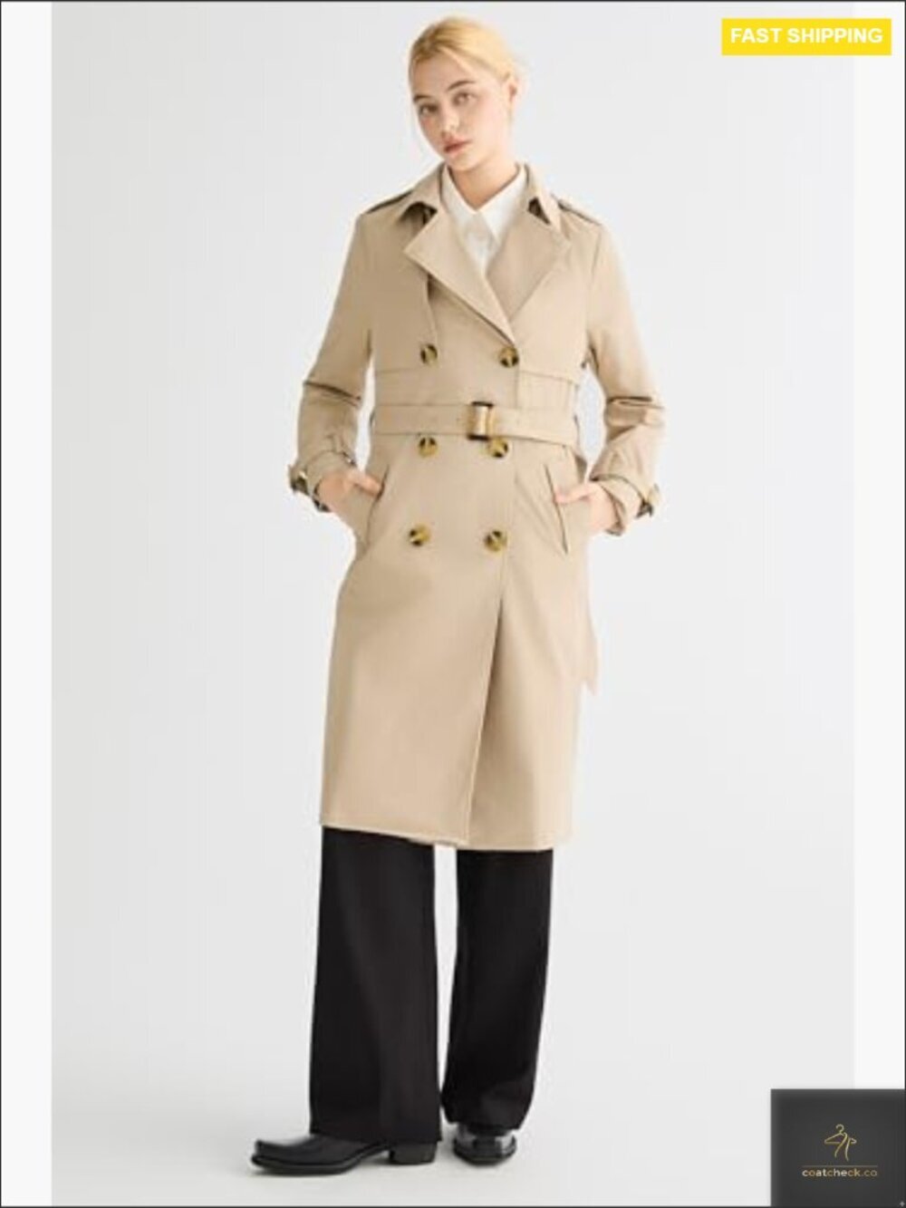 Classic Double Breasted Trench Coat Elegant Fitted Mid-Length Waterproof Jacket - Picture 6 of 7